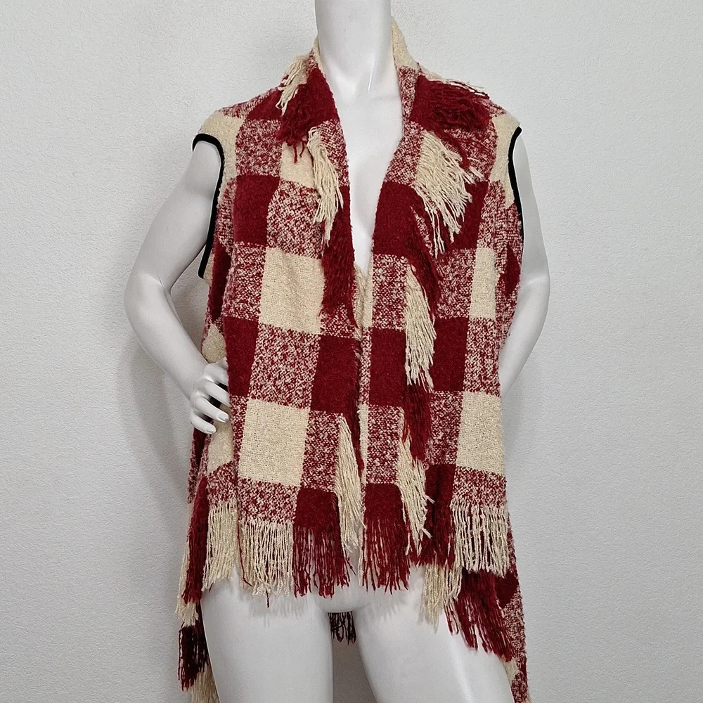 Red & Cream Cowgirl Fringe Plaid Open Front Western Cozy Sweater Vest One Size